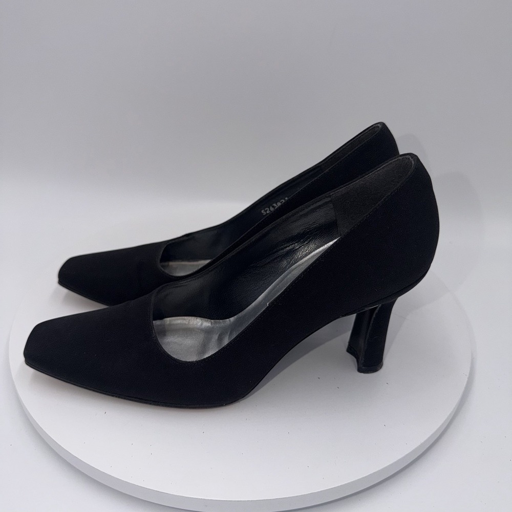 Stuart Weitzman VTG 90's Dress Pump Black Satin Blunt Square Toe Heels Size 7.5